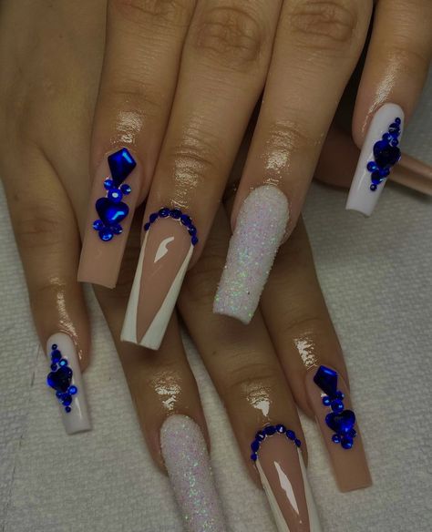 Blue And White Nails With Rhinestones, Royal Blue With White Nails, White Nails Blue Gems, White Nails With Blue Gems, Royal Blue And White Wedding Nails, Royal Blue White And Silver Nails, White With Royal Blue Nails, Nails Royal Blue And White, Blue Nail Sets Acrylic