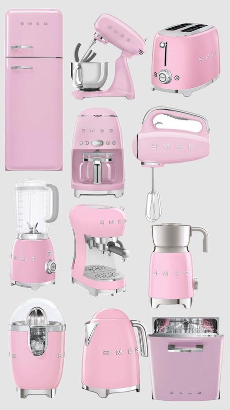 Pink Smeg, Smeg Kitchen Appliances, Smeg Kitchen, Smeg Appliances, Studio Apartment Living, Strawberry Kitchen, Girly Apartments, Girly Apartment Decor, Dream Apartment Decor