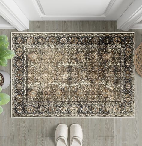 PRICES MAY VARY. Classic Vintage Style: PureCozy area rug has a trendy faded style and a unique retro pattern, distressed design blend perfectly with your home, suitable for the living room, bedroom, dining room, laundry room, entryway, kids' room, playroom, kitchen and office. Power Loomed Rug: Our non-slip area rug is made of durable polypropylene which is perfect for high traffic area and easy to mantain. The bottom of the washable rug has a durable TPR rubber backing. Anti-skid backing helps Dark Office Rug, Mud Room Rug Ideas, Laundry Room Rug Ideas, Moody Rugs, Brown Entryway, Playroom Kitchen, Rug For Office, Dark Office, Future Decor