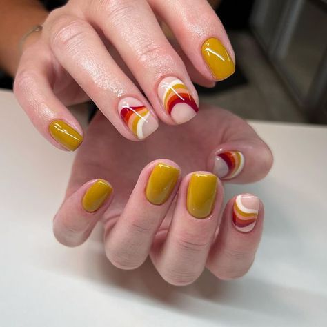 Fun Fall Nails Short, Mustard Nails Acrylic, Ochre Nails, Mustard Color Nails Design, Mustard Nails Design Short, Short Yellow Nails Design, Mustard Yellow Nail Art, Mustard Yellow Nails Fall, Mustard Yellow Fall Nails