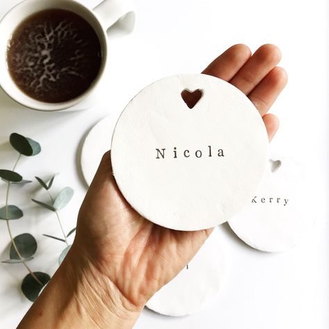 Personalised Coasters, Heart Coaster, Name Decorations, Modern Coasters, Boda Diy, Nanny Gifts, Teacher Thank You Cards, Dough Ornaments, Personalised Christmas Decorations