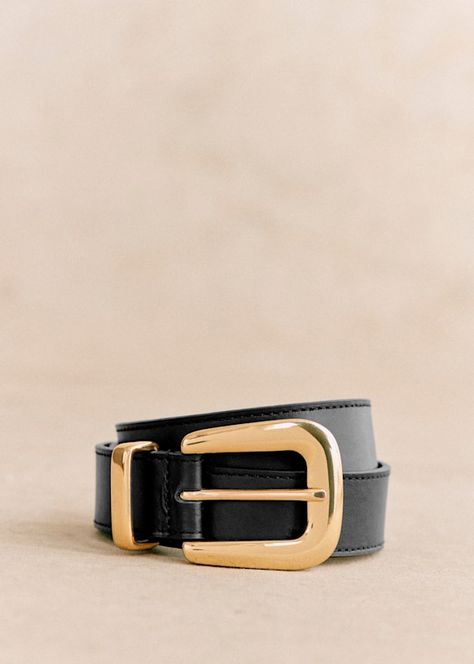 Oria Belt - Smooth Black - Bovine leather - Sézane Brass Pin, Brass Buckle, Buckle Belt, Parisian Style, Smooth Leather, Gold Finish, Buckle, Brass, Leather