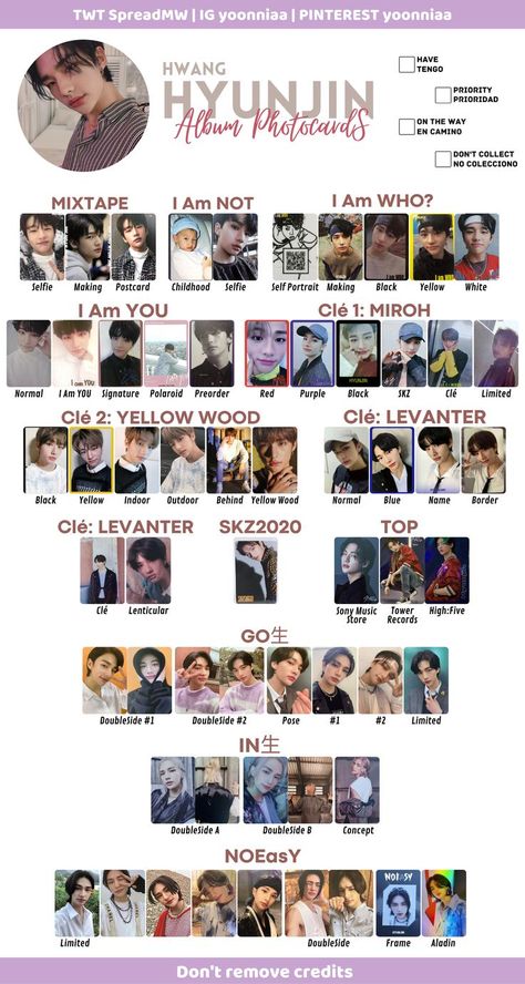 STRAY KIDS HYUNJIN photocard list album october 2021 updated eng/esp Hyunjin No Easy Photocard, Hyunjin Wishlist, Hyunjin Photocard Template, Stray Kids Wishlist, Stray Kids Cards, Bangchan Photoshoot, Skz Template, Blue Names, Photo Card Template