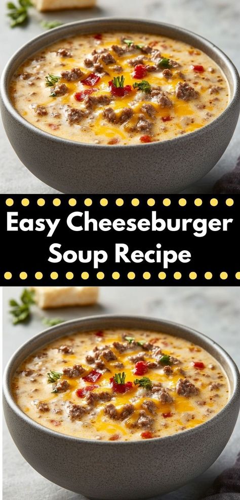 Searching for a crowd-pleasing dish? This Easy Cheeseburger Soup Recipe is a winning choice! With its creamy texture and quick prep time, it’s perfect for family dinners or casual get-togethers. Easy Cheeseburger Soup, Cheeseburger Soup Recipe, Beef Potatoes, Ground Recipes, Cheese Burger Soup Recipes, Soup With Ground Beef, Cheeseburger Soup, Beef Casserole Recipes, Dinner With Ground Beef