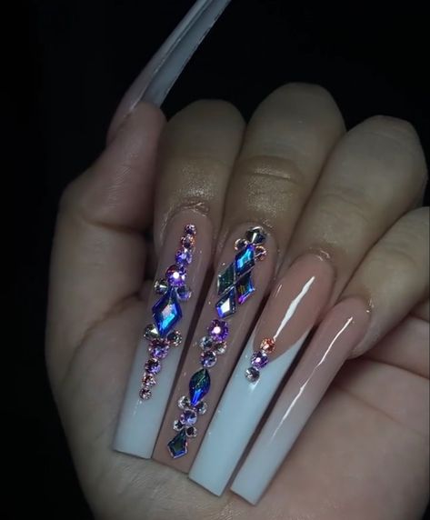 Long Nail Rhinestone Designs, Pink Long Nails With Gems, Clear Pink Acrylic Nails With Diamonds, Long Pink French Tip Nails With Rhinestones, Long Nails With Gems, Light Pink Acrylic Nails Coffin Long With Diamonds, Long Square Acrylic Nails Pink With Gems, Extendo Nails, Buchona Nails