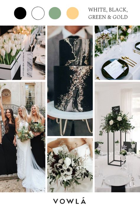 White, black, green and gold wedding color palette for a modern and minimalistic wedding. Sage Green Gold Black Wedding, Black And Gold Wedding Palette, Black White And Gold Minimalist Wedding, Black White Green And Gold Wedding Flowers, Green Gold White Black Wedding, Wedding Color Combos Black, Black Gold And Sage Wedding, Black Green And Brown Wedding, Black Silver And Green Wedding