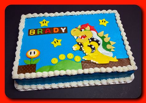 Bowser sheet cake :) Bowser Fury Cake, Super Mario Birthday Sheet Cake, Bowser Cake Ideas, Mario Birthday Sheet Cake, Super Mario Bowser Cake, Super Mario Sheet Cake, Mario Sheet Cake, Bowser Birthday Cake, Bowser Cake