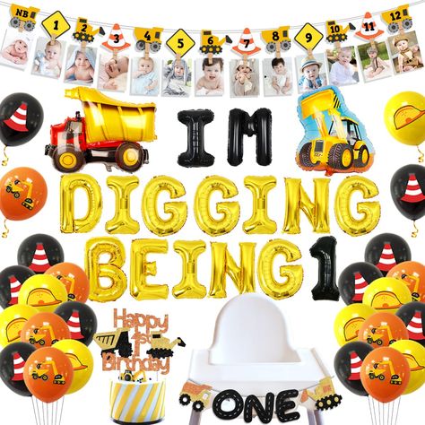 PRICES MAY VARY. You will receive: 1pc construction theme photo banner, 1pc Im Digging Being 1 foil balloons 16inches, 1pc dump truck cake topper, 1pc construction theme high chair banner, 18pcs latex balloons 12inches( 6 yellow, 6 orange, 6 black), 1pc dump truck foil balloon, 1pc bulldozer foil balloon. Special design: Our construction birthday party decorations include complete accessories totally meeting your basic needs throwing a party, such as construction birthday photo banner, cake topp Dump Truck Birthday Party Ideas Construction Theme, First Birthday Truck Theme, First Birthday Construction Theme, 1st Birthday Construction Theme, Construction 1st Birthday Party, Jt Birthday, Construction 1st Birthday, Construction Birthday Party Decorations, Dump Truck Cake