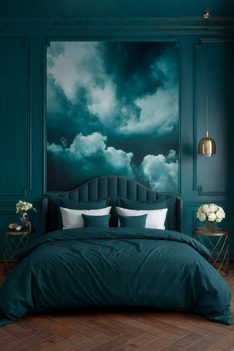 A moody bedroom that is teal colored, including a teal painted wall, teal bedding, and a cloud painting with a teal hue. Deep Teal Bedroom, Home Bedroom Refresh, Moody Bedrooms, Woman Bedroom Ideas, Grown Woman Bedroom Ideas, Moody Bedroom Ideas, Teal Bedroom, Porch House Plans, Moody Bedroom