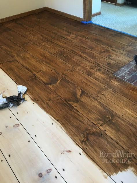 Diy Wood Flooring Ideas, Pine Floors No Stain, Staining Floors, Cheap Rustic Flooring Ideas, Staining Pine Floors, Original Wood Floors, Cabin Floors, Refinished Hardwood Floors Stains, Real Wood Flooring