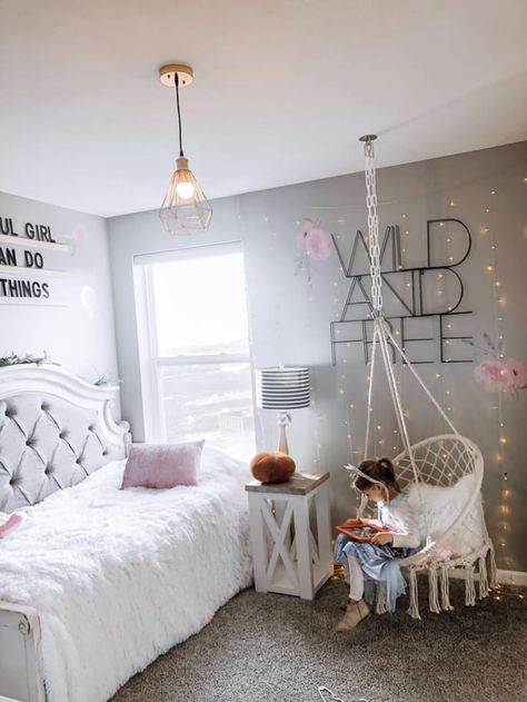 Hammock Chair Bedroom, Chair Hammock In Bedroom, Hanging Chair Kids Room, Hanging Chair Girls Room, Kids Hammock Bedroom, Indoor Swings For Kids, Hammock Chair In Bedroom, Kids Boho Bedroom, Living Room Hammock