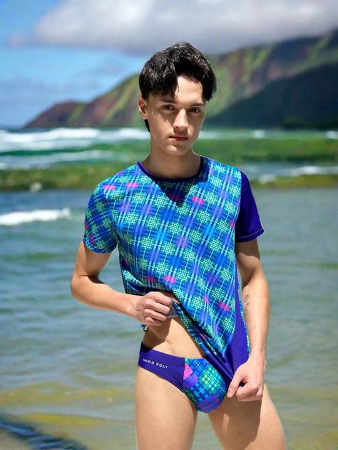 Boys Leather Jacket, Beach Outfit Men, Lgbtq Clothing, Pride Wear, Polished Man, Tartan Men, Guys In Speedos, Vintage Swim, Blue Tartan