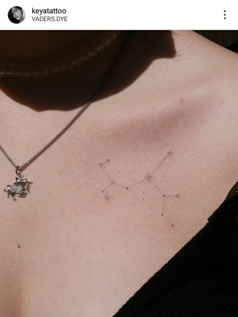 Constalation Tatoos Collar Bone, Back Tattoo Constellation, Minimalist Virgo Constellation Tattoo, Sagittarius Tattoo Collar Bone, Delicate Constellation Tattoo, Xvii Tattoo, Canis Major Tattoo, Sagittarius Tattoo Constellation, Constellations Tattoo