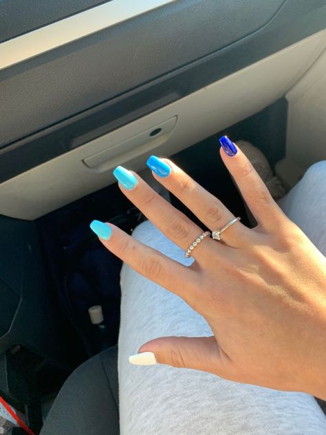 Blue Rainbow Nails, Mamma Mia Nails Ideas, 18th Nails, Mamma Mia Nails, Tie Dye Blue, Blue Acrylic Nails, Rainbow Nails, Blue Rainbow, Makeup Style