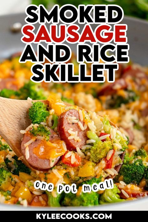 Sausage and Rice in a skillet! Combining smoked sausage, crisp vegetables, fluffy rice and a hint of cheese, this is a weeknight dinner the whole family will love! It all cooks in 1 skillet (aside from the rice) and is super delicious, easy and customizable to what you have in the fridge. And the bonus is it's ready in under 20 minutes. BOOM! White Rice And Sausage Recipes, Smocked Sausage Recipes Dinners, Rice And Smoked Sausage Recipes, Smoked Sausage And Rice Recipes, Andouille Sausage And Rice, Sausage And Rice Recipes, Smoked Sausage And Rice, Large Family Dinner Ideas, Sausage And Rice Skillet