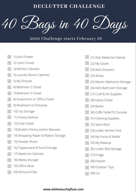 The 40 Bags in 40 Days Decluttering Challenge - With a Touch of Luxe 40 Days Of Decluttering, 40 Day Declutter Challenge, 20 Bags In 20 Days Declutter, 30 Bags In 30 Days Declutter, Declutter Challenge 2023, 40 Day Challenge, Decluttering Checklist, Decluttering Challenge, 40 Days Of Lent