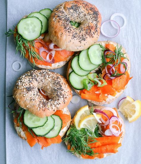 15 Thrilling Ways to Jazz Up Your *Brunch* Bagels This Weekend | Brit + Co Brunch Bagels, Carrot Lox, Bagel Sandwiches, Smoked Salmon Bagel, Bagel Toppings, Lox And Bagels, Salmon Bagel, Vegan Fish, Läcker Mat