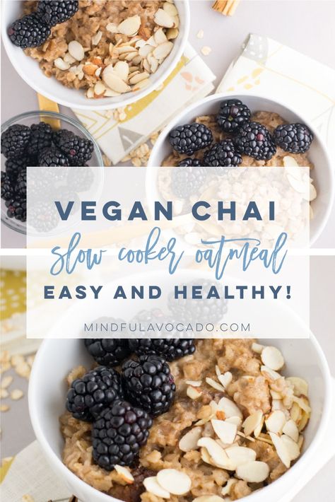 Vegan slow cooker oatmeal with chai spice is the BEST breakfast recipe! So easy to make and beyond comforting! Top with apples, nuts, or brown sugar. #slowcookeroatmeal #veganoatmeal #veganbreakfast #healthybreakfast #easy | Mindful Avocado Vegan Avocado Recipes, Healthy And Easy Breakfast, Unprocessed Recipes, Slow Cooker Oatmeal, Vegan Crockpot, Vegan Slow Cooker, Avocado Vegan, Easy Breakfast Recipe, Vegan Oatmeal