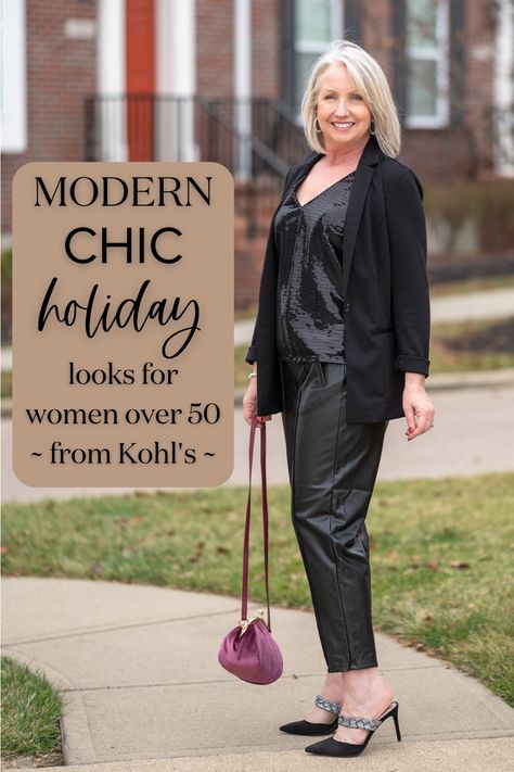 Style these faux leather pants for the holidays and beyond. Add a sparkly top and rhinestone heels from Kohl’s for a party or sneakers and a sweatshirt for a casual look. More information at Dressed for My Day. @kohls @shopstylecollective #ad #kohls #kohlsfinds Holiday Looks For Women, Holiday Casual Outfits, Holiday Outfit Inspiration, Dressed For My Day, Kohls Dresses, Sparkly Shoes, Chic Holiday, Sparkly Top, Black Suede Booties