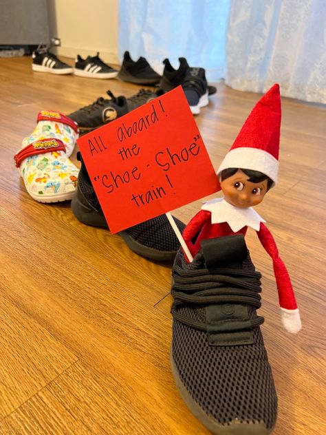 Elf made a train with all our shoes! Shelf Shoes, Elf Shelf, Christmas 2022, A Train, Elf On The Shelf, Elf, Train, Christmas