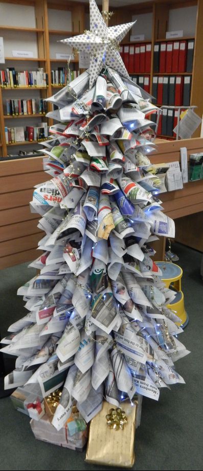 Chamber Ideas, Recycled Christmas Tree, Recycled Christmas, Coventry, The Library, Hanukkah Wreath, A Tree, Christmas Trees, Newspaper