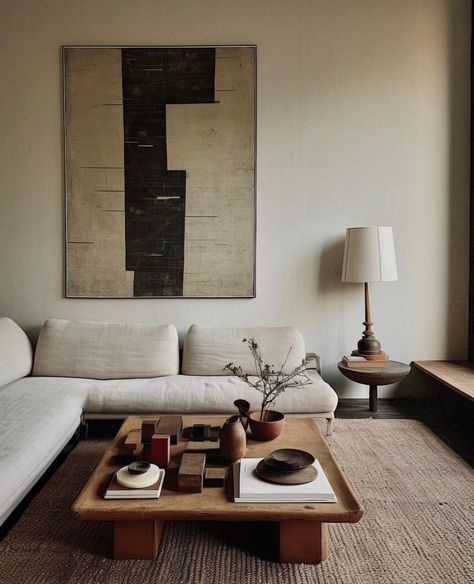 Low Ceiling Modern Living Room, Lemieux Et Cie, Japandi Living Room, Japandi Living, Appartement Design, Mid Century Modern Living Room, Style Deco, Minimalist Interior Design, Interiors Design