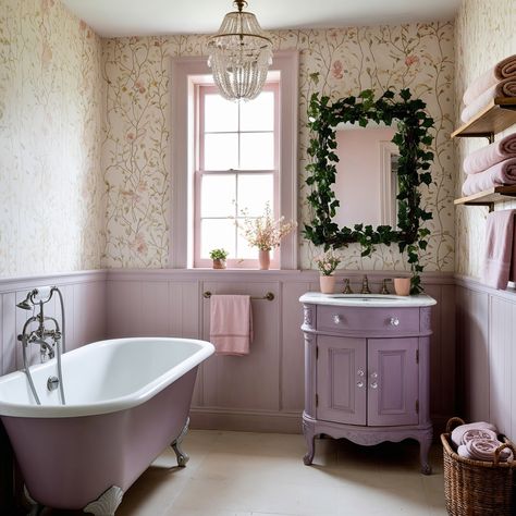 Purple Farmhouse Bathroom, Vintage Purple Bathroom, Lavender And Green Bathroom, Lilac Bathroom Ideas, Lavender Wall Paint, Lavender Bathroom Ideas, Purple Bathroom Ideas, Bright Bathrooms, Lilac Bathroom