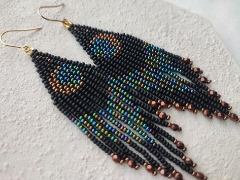 Earrings Seed Beads, Earrings Moon, Moon Black, Long Fringe, Long Fringes, Earrings Beaded, Black Earrings, Fringe Earrings, Jewelry Handmade