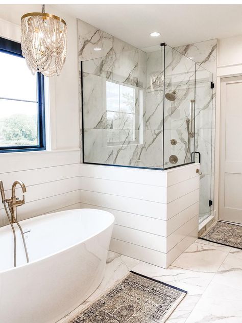 Aesthetic Master Bath, Bathroom With Natural Wood, Megan Griffin, Master Bath Layout, Bathroom 2024, Master Suite Bathroom, Master Bath Renovation, Standing Tub, Instagram Bathroom