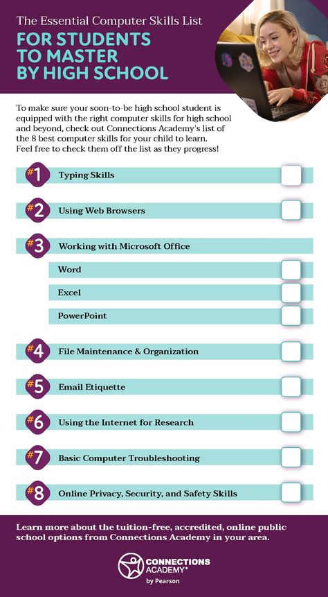 Middle schoolers will need computer skills in high school, college, and for many years beyond. To make sure your soon-to-be high school student is equipped with the right computer skills to meet their academic needs today, take a look at the list below of the best computer skills for your child to learn. Computer Skills Learning, Basic Computer Skills, Hacks For School, Email Etiquette, Connections Academy, Computer Literacy, Basic Computer, School Computers, High School Survival