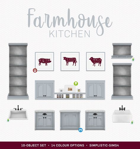 Farmhouse Kitchen Set | SimPlistic on Patreon Rustic Potting Benches, House Objects, Sims 4 Kitchen, Modern Barn Door, Farmhouse Fireplace, Farmhouse Remodel, Sims House Design, Farm Sink, Farmhouse Interior