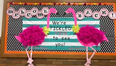 Flamingo Classroom Door, Flamingo Bulletin Board Ideas, Tropical Bulletin Board Ideas, Flamingo Bulletin Board, Flamingo Classroom Theme, Flamingo Classroom, Classroom Windows, Tropical Classroom Decor, Flamingo Room