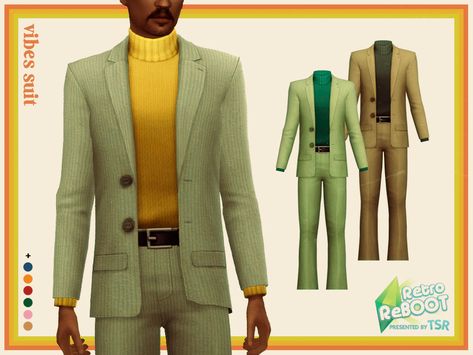 Sims 4 — [pixelette] Vibes Suit (Retro ReBOOT) by pixelette — - New mesh / EA mesh edit - BGC - All LODs - 28 swatches - Cc Men, Sims 4 Men Clothing, 60s Men, Sims 4 Decades Challenge, Sims 4 Male Clothes, Clothes Cc, Die Sims 4, 70s Clothing, Sims 4 Mm Cc