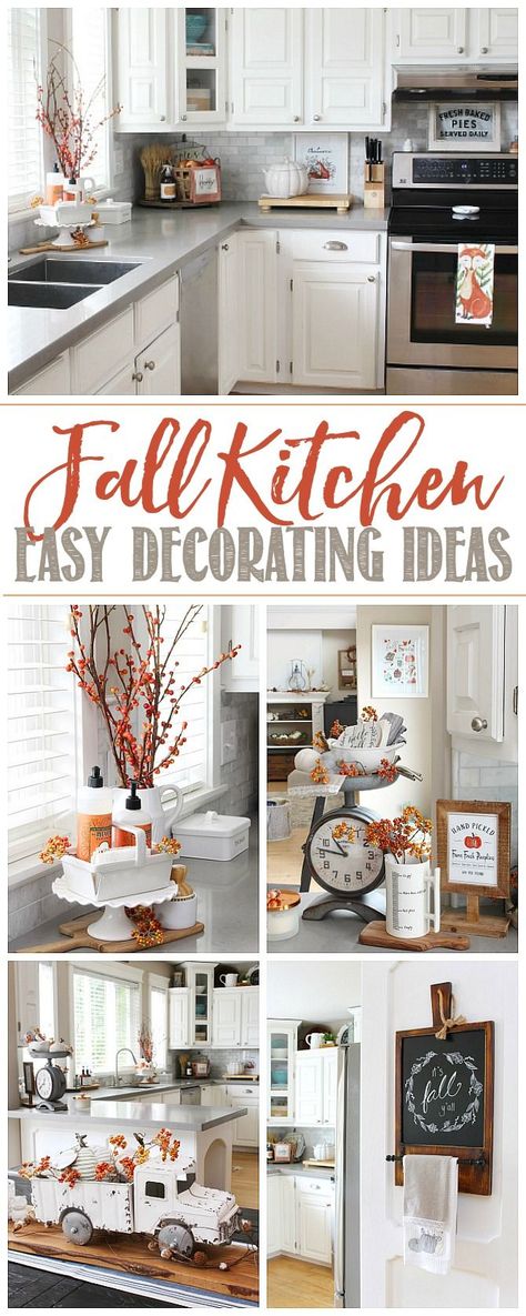 Fall Decor White Kitchen, White Kitchen Halloween Decor, Fall Farmhouse Kitchen Decor, Easy Fall Decor Ideas For The Home, White Kitchen Decor Ideas Modern, Fall Decorations Indoor Kitchen, Fall Decor Ideas For Kitchen Counter, Clean Fall Decor, Small Kitchen Fall Decor