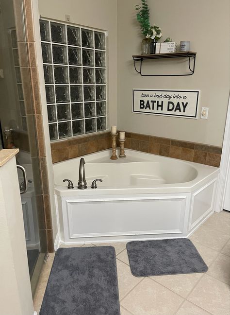 Corner Jetted Tub Remodel, Shower And Tub Side By Side, Jet Tub Remodel, Corner Tub Ideas, Corner Bathtub Ideas, Corner Jetted Tub, Tub Remodel, Bathroom Farmhouse, Corner Bath