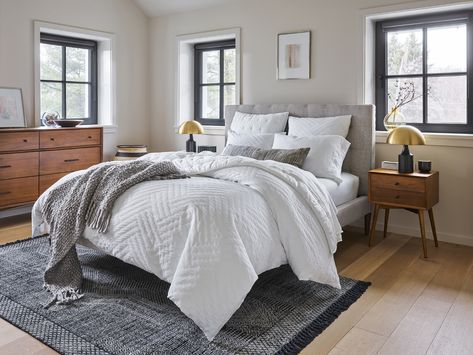 Tour A Gorgeously Sustainable, Incredibly Energy-Efficient Family Home - Front + Main Parquet Texture, Reclaimed Wood Beds, West Elm Bedding, Textured Duvet Cover, Textured Duvet, Textured Quilt, Mid Century Nightstand, Striped Duvet Covers, Up House