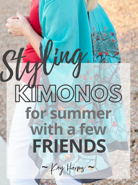 Styling Kimonos for Summer with Some of My Favorite Bloggers - Dressed for My Day Sleeveless Kimono Outfit, Styling A Kimono, How To Wear Kimono Outfit Ideas, Kimono Over Dress, Summer Dress With Cardigan, Kimono Summer Outfit, Summer Topper, How To Style A Kimono, Summer Kimono Outfit