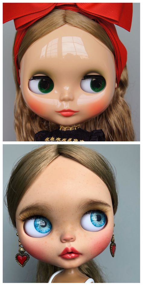 Custom Blythe Dolls Faces, Blythe Face Up, Custom Blythe Dolls, Blythe Makeup, Blythe Face, Teardrop Tattoo, Polymer Clay Sculptures, Blythe Custom, Doll Makeup