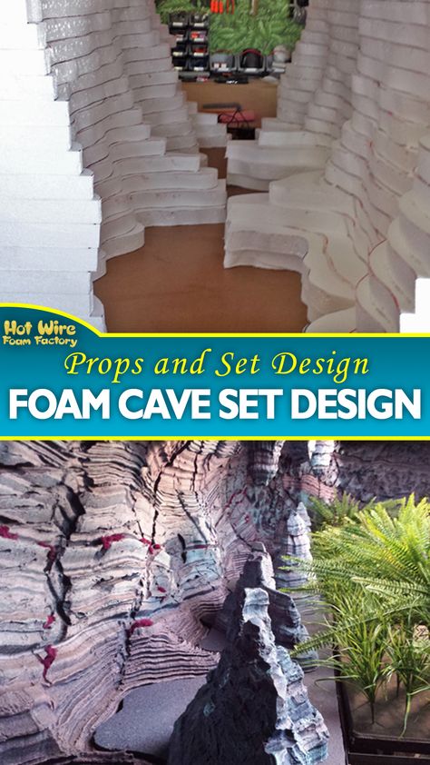 This detailed cave set piece was made by Cade Fall using large Styrofoam sheets Design as a backdrop for a puppet show. #setdesign #propsandbackdrops #foamprops #fauxstone #caves Cave Set Design, Frozen Tea Party, Cave Quest, Waterfall Project, Theatre Backdrops, Desert Trees, Foam Factory, Foam Props, Dark Cave