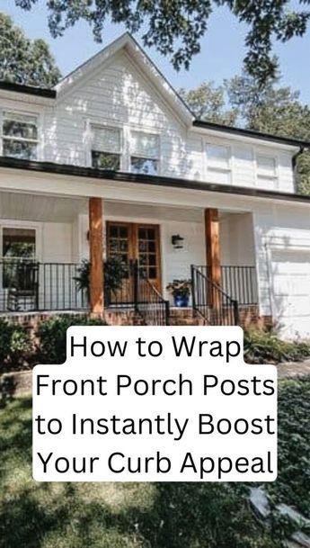 Front Porch With No Railing, House Columns Makeover, Diy Wood Pillars Front Porch, Diy Column Wrap, Redo Front Porch, Front Porch Makeover On A Budget, Wrap Around Porch Landscaping, Building Front Porch Ideas, Wrapped Porch Posts