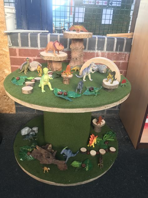 Small world eyfs reception Small world stool Dinosaurs small world School Nursery Small World Outside Eyfs Outdoor Play, Cable Reel Ideas Eyfs, Small World Eyfs, Eyfs Dinosaurs, Eyfs Reception, Role Play Areas Eyfs, Nursery Room Ideas Childcare, Baby Room Activities, Dinosaur Small World