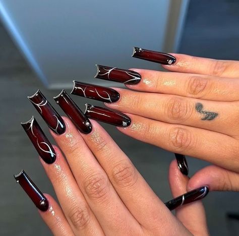 Burgundy And Black Nails Acrylic, Black Nails Square Long, Nail Inspo Mid Length, Nail Inspo Red And Black, Black And Red Aura Nails, Deep Red French Tip, Black And Dark Red Nails, Red Under Nails, Nail Ideas Red And Black