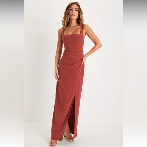 Glamorous Disposition Rust Ruched Maxi Dress From Lulus. New With Tags Overlapping Design, Chic Skirt, Ruched Maxi Dress, Fall Wedding Guest Dress, Chic Skirts, Wedding Attire Guest, Evening Dresses Cocktail, Sophisticated Dress, Rust Dress