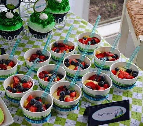 I want to do this for Rogers Bday~ Cute golf party. Love the Food Labels- Donut "Hole-in-One" , Fruit "Par-Fait", etc... Fruit Parfaits, Golf Party Foods, Golf Baby Showers, Parfait Cups, Fruit Cup, Golf Cake, Par Tee, Golf Birthday Party, Fruit Parfait