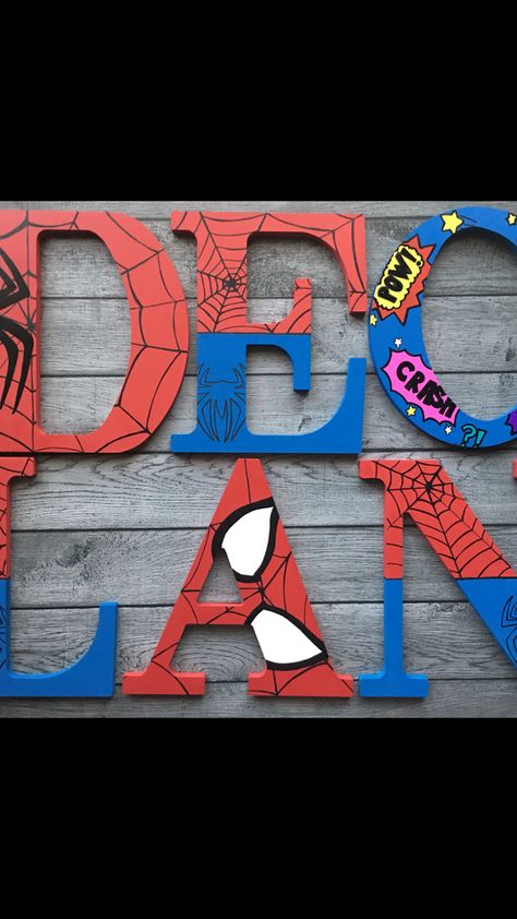 Spider-Man! Spider Man Name Letters, Spiderman Letters Diy, Spiderman Wall Decor, Spiderman Room Decor, Spiderman Birthday Party Decorations, Spiderman Decorations, Spiderman Room, Painted Wood Letters, Marvel Party