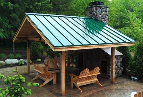 Outdoor Living Spaces with Fireplaces, Modern Ideas, Backyard Design Tips Outdoor Pavillion, Patio Fireplace, Pergola Design, Patio Roof, Tin Roof, Green Metal, Pergola Plans, Diy Pergola, Pergola Patio