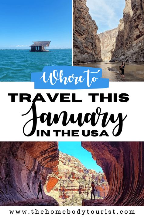 The best places to visit this January in the United States. Escape the freezing cold and snow to some of these warmer destinations. Or avoid some crowds and visit during off-peak season! Start planning your USA January road trip TODAY! Best January Vacations In The Us, January Travel Destinations Usa, January Vacation Destinations Us, Winter Trips In The United States, Best January Vacations, Girls Trip Destinations, Cheap Places To Visit, Vacations In The Us, Best Places To Vacation