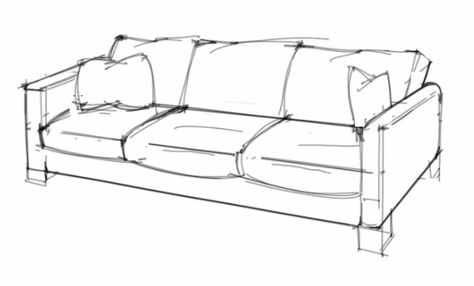 ID render: How to draw a sofa that looks comfortable Couch Sketch Design, Drawing Of A Couch, Sofa Perspective Drawing, Sofa Drawing Reference, Couches Drawing, How To Draw A Sofa, Sofa Drawing Sketch, How To Draw A Couch, Couch Drawing Reference