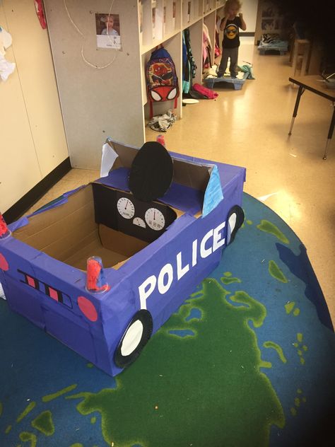 Cardboard police car 😀the kids loved it Police Car Out Of Cardboard, Police Sensory Activities, Police Car Craft Preschool, Police Crafts For Kids, Police Activities For Kids, Police Activities For Preschool, Police Car Craft, Police Officer Crafts, Police Crafts