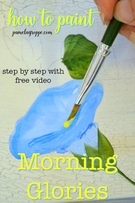 How to Paint Morning Glories in acrylics one easy stroke at a time. Beginner friendly painting tutorial with free video. Step by step photo lesson. Beautiful flowers to paint, paint them on DIY signs, easy canvas painting or whatever you desire. #easypainting #acrylics #paintinglesson How To Draw A Morning Glory Step By Step, Painting Morning Glories, Ornamental Lettering, Flowers To Paint, Artsy Flowers, Acrylic Diy, Morning Glory Flowers, Morning Glories, Acrylic Painting Lessons